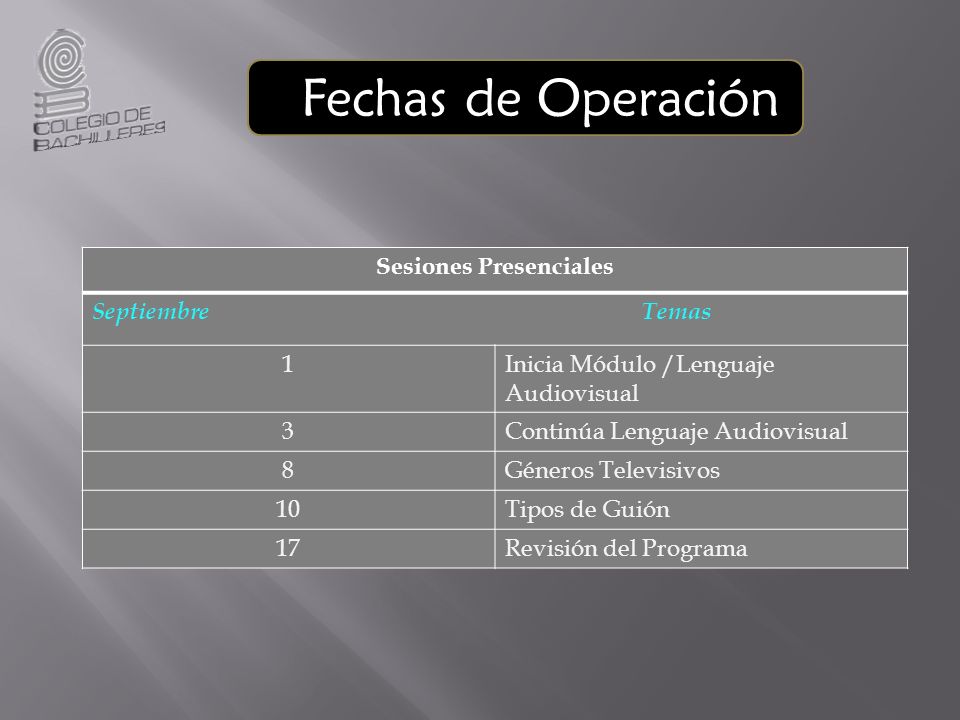 Fechas de Operación Sesiones Presenciales Septiembre Temas 1Inicia Módulo /Lenguaje Audiovisual 3Continúa Lenguaje Audiovisual 8Géneros Televisivos 10Tipos de Guión 17Revisión del Programa