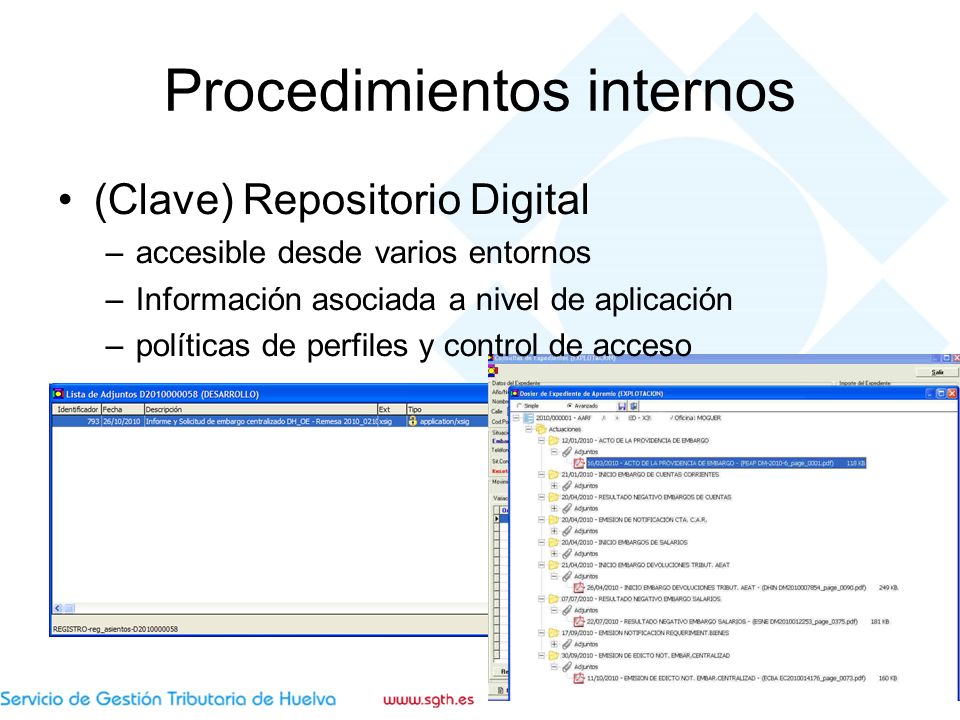 Procedimientos internos (Clave) Repositorio Digital –accesible desde varios entornos –Información asociada a nivel de aplicación –políticas de perfiles y control de acceso