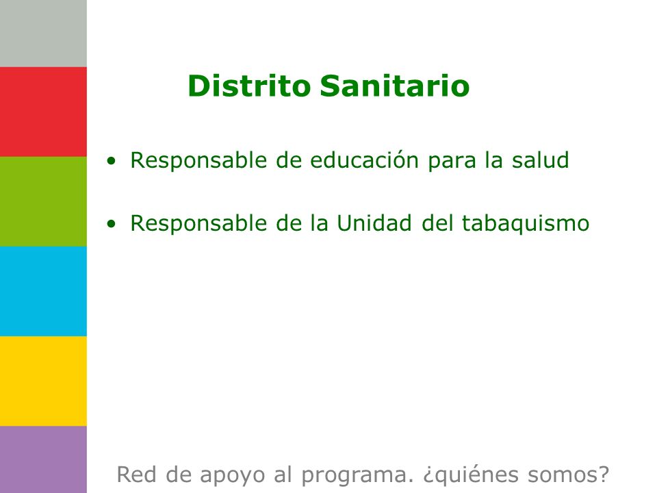 Consejería de Distrito Sanitario Responsable de educación para la salud Responsable de la Unidad del tabaquismo Red de apoyo al programa.