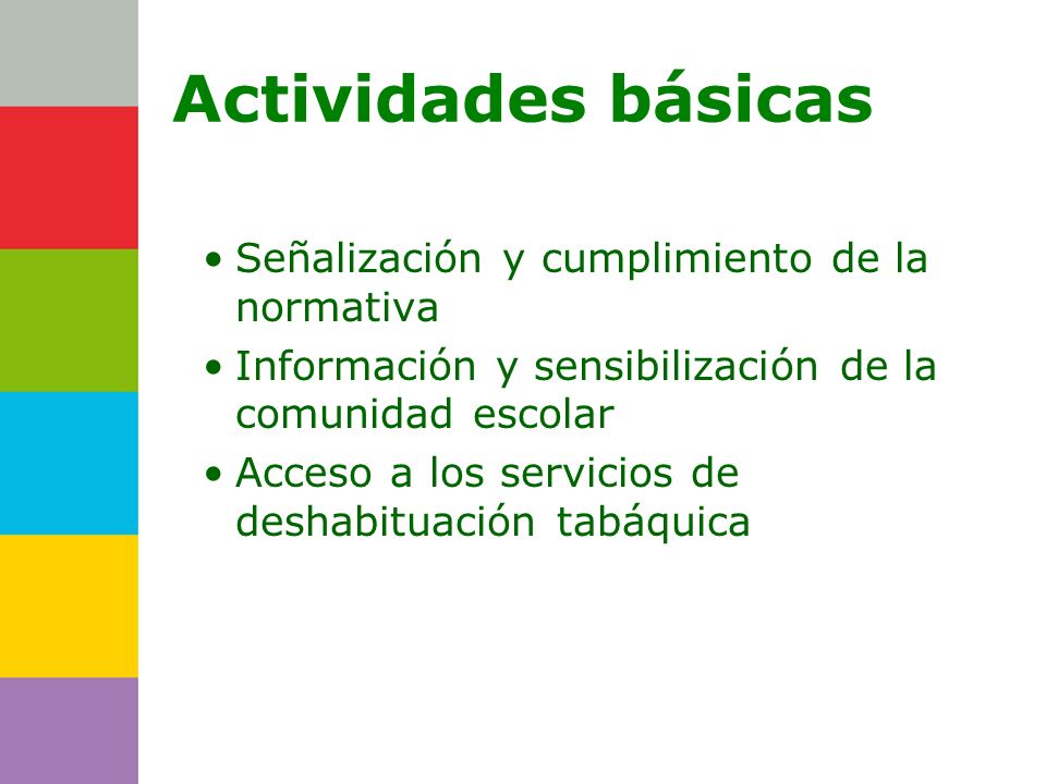Consejería de Actividades básicas Señalización y cumplimiento de la normativa Información y sensibilización de la comunidad escolar Acceso a los servicios de deshabituación tabáquica