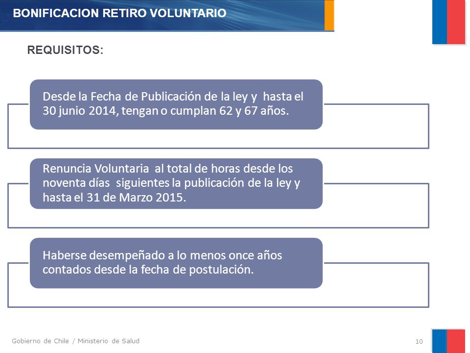 Gobierno de Chile / Ministerio de Salud Desde la Fecha de Publicación de la ley y hasta el 30 junio 2014, tengan o cumplan 62 y 67 años.