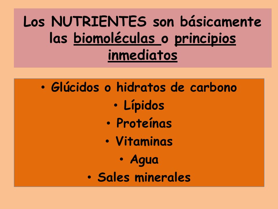 Los NUTRIENTES son básicamente las biomoléculas o principios inmediatos Glúcidos o hidratos de carbono Lípidos Proteínas Vitaminas Agua Sales minerales