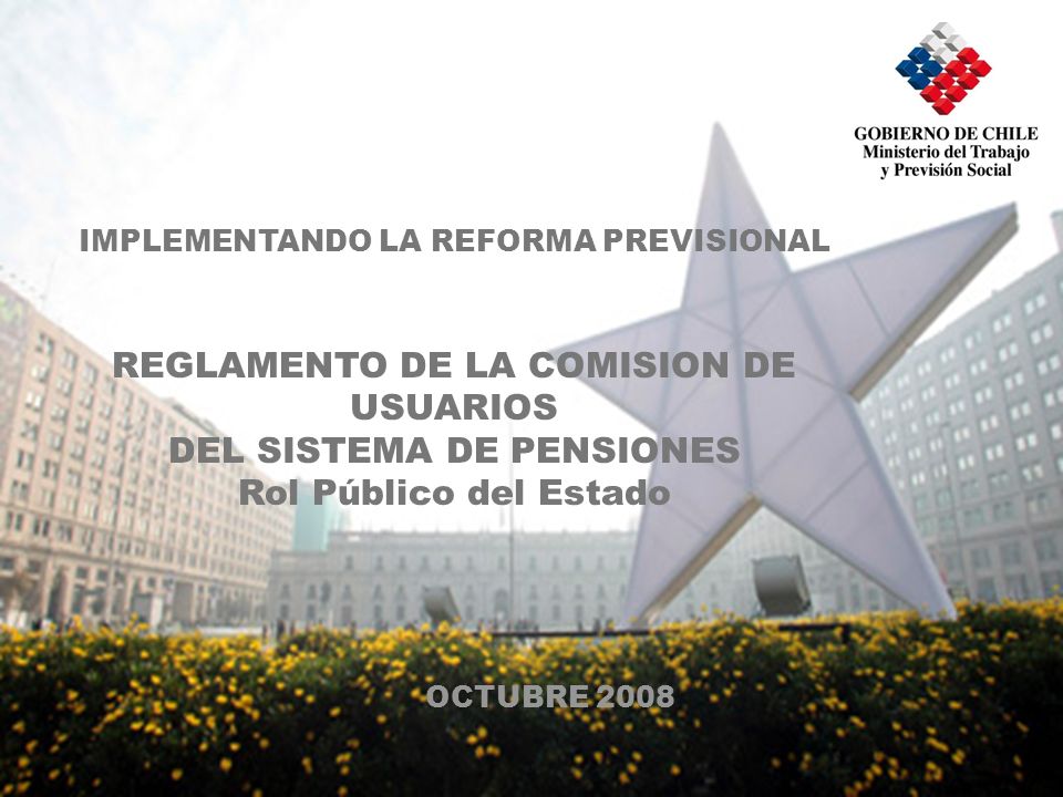 IMPLEMENTANDO LA REFORMA PREVISIONAL REGLAMENTO DE LA COMISION DE USUARIOS DEL SISTEMA DE PENSIONES Rol Público del Estado OCTUBRE 2008