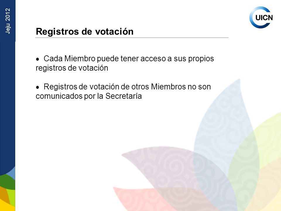 Jeju 2012 Registros de votación Cada Miembro puede tener acceso a sus propios registros de votación Registros de votación de otros Miembros no son comunicados por la Secretaría
