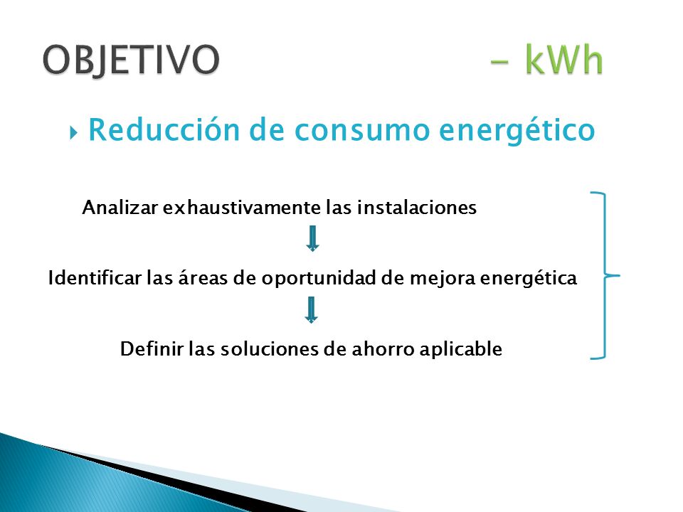 Reducción de consumo energético Analizar exhaustivamente las instalaciones Identificar las áreas de oportunidad de mejora energética Definir las soluciones de ahorro aplicable