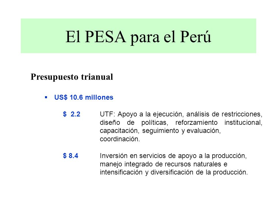 El PESA para el Perú Presupuesto trianual US$ 10.6 millones $ 2.2 UTF: Apoyo a la ejecución, análisis de restricciones, diseño de políticas, reforzamiento institucional, capacitación, seguimiento y evaluación, coordinación.