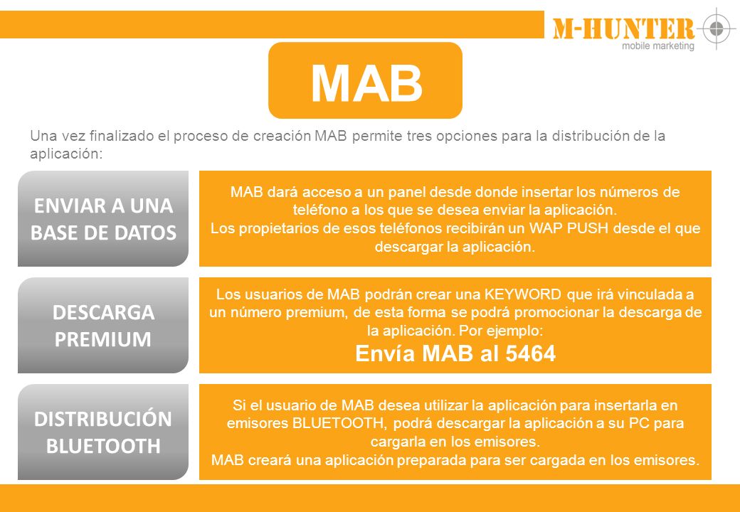 MAB Una vez finalizado el proceso de creación MAB permite tres opciones para la distribución de la aplicación: ENVIAR A UNA BASE DE DATOS MAB dará acceso a un panel desde donde insertar los números de teléfono a los que se desea enviar la aplicación.