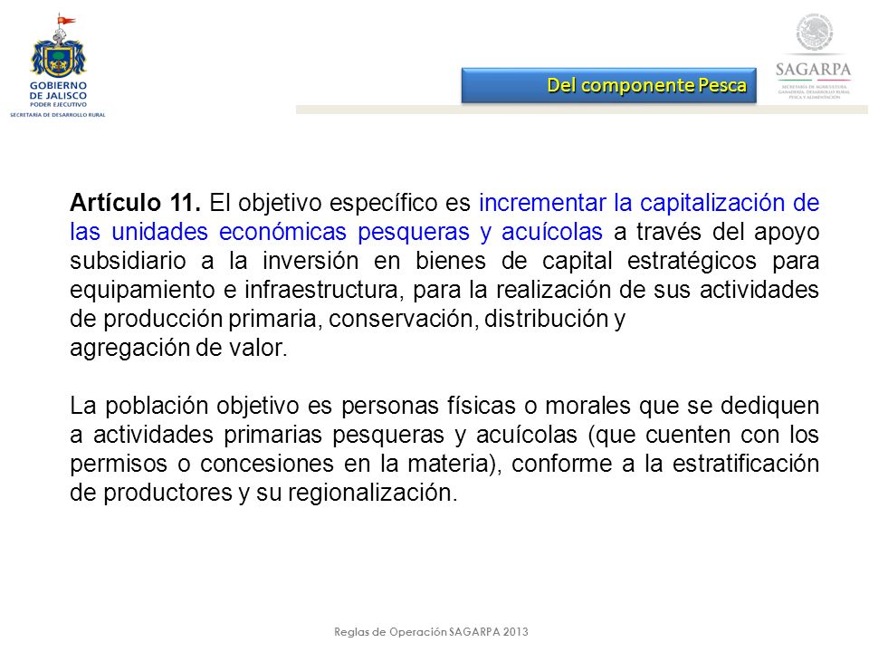 Reglas de Operación SAGARPA 2013 Del componente Pesca Artículo 11.