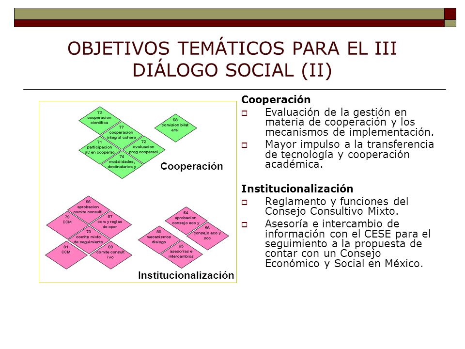 OBJETIVOS TEMÁTICOS PARA EL III DIÁLOGO SOCIAL (II) Cooperación Evaluación de la gestión en materia de cooperación y los mecanismos de implementación.