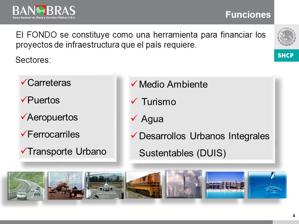 4 Funciones Sectores: Carreteras Puertos Aeropuertos Ferrocarriles Transporte Urbano Carreteras Puertos Aeropuertos Ferrocarriles Transporte Urbano El FONDO se constituye como una herramienta para financiar los proyectos de infraestructura que el país requiere.