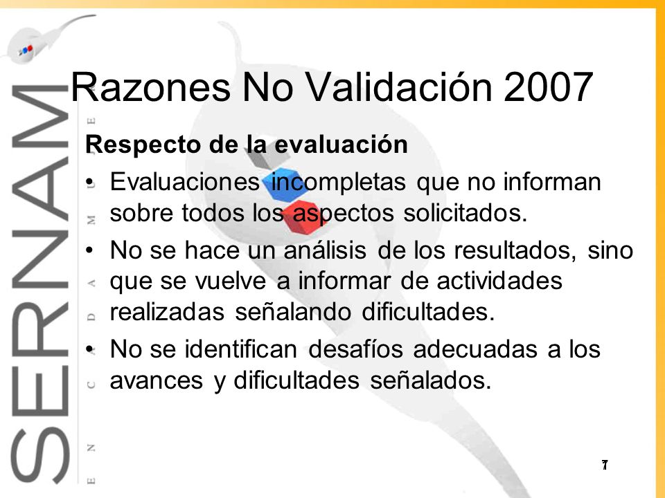 Razones No Validación 2007 Respecto de la evaluación Evaluaciones incompletas que no informan sobre todos los aspectos solicitados.