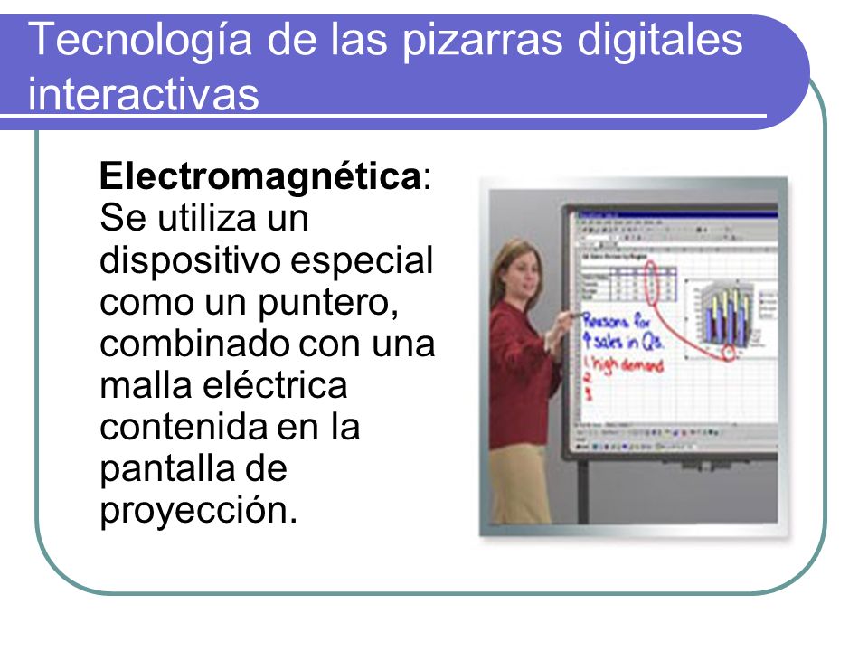 Tecnología de las pizarras digitales interactivas Electromagnética: Se utiliza un dispositivo especial como un puntero, combinado con una malla eléctrica contenida en la pantalla de proyección.