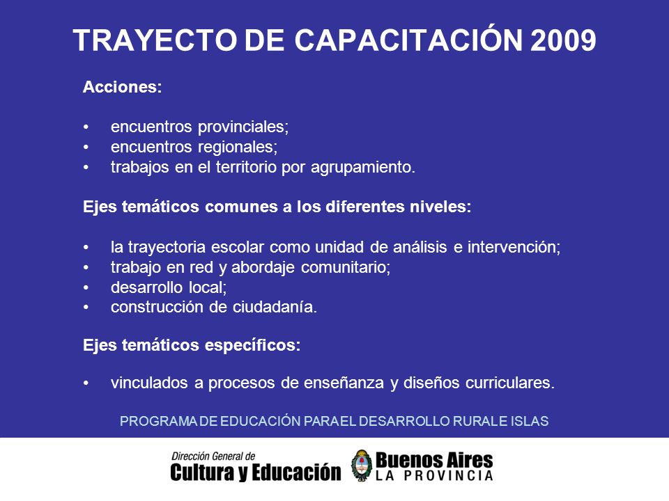 TRAYECTO DE CAPACITACIÓN 2009 Acciones: encuentros provinciales; encuentros regionales; trabajos en el territorio por agrupamiento.