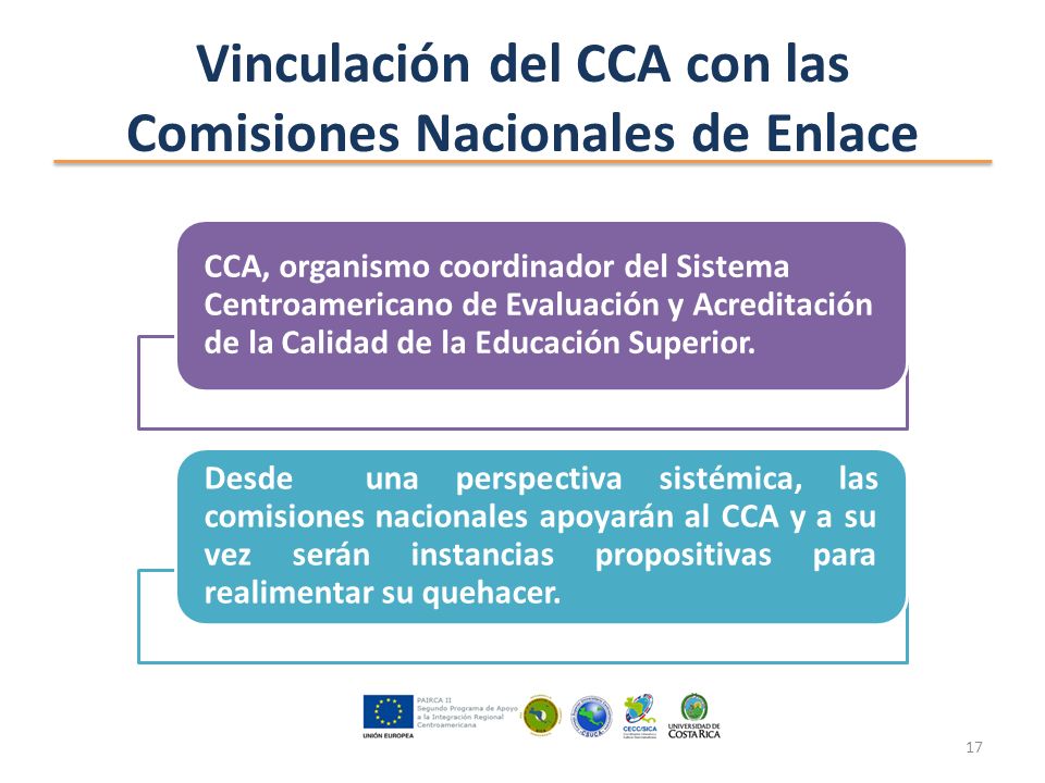 Vinculación del CCA con las Comisiones Nacionales de Enlace CCA, organismo coordinador del Sistema Centroamericano de Evaluación y Acreditación de la Calidad de la Educación Superior.