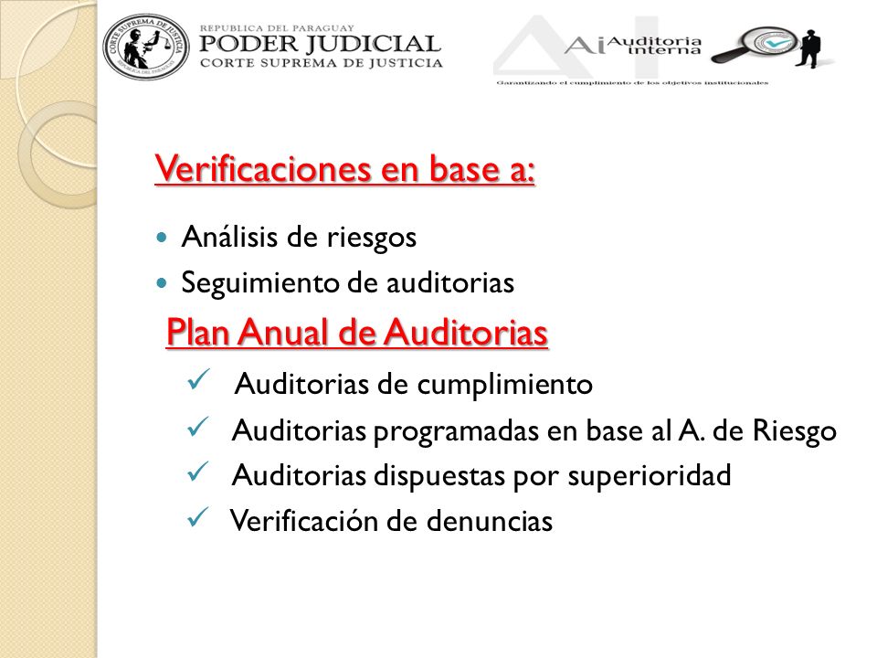 Verificaciones en base a: Análisis de riesgos Seguimiento de auditorias Plan Anual de Auditorias Auditorias de cumplimiento Auditorias programadas en base al A.