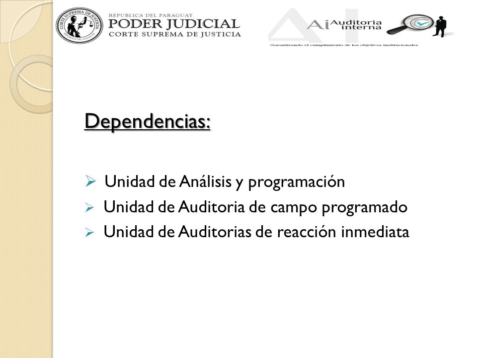 Dependencias: Unidad de Análisis y programación Unidad de Auditoria de campo programado Unidad de Auditorias de reacción inmediata