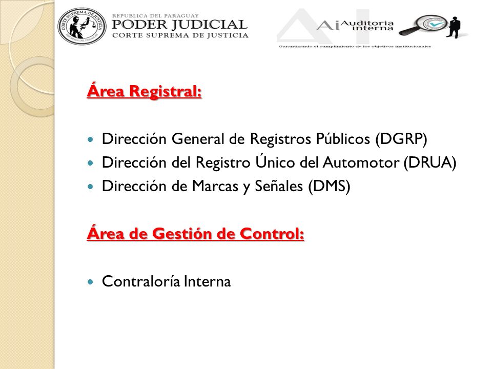 Área Registral: Dirección General de Registros Públicos (DGRP) Dirección del Registro Único del Automotor (DRUA) Dirección de Marcas y Señales (DMS) Área de Gestión de Control: Contraloría Interna