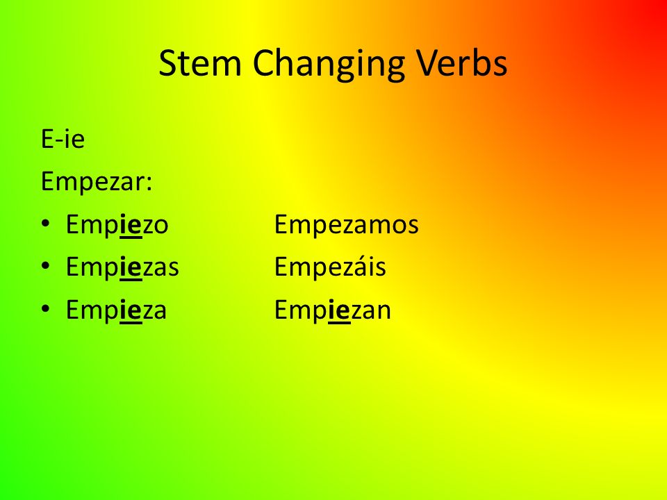 Stem Changing Verbs E-ie Empezar: EmpiezoEmpezamos EmpiezasEmpezáis EmpiezaEmpiezan