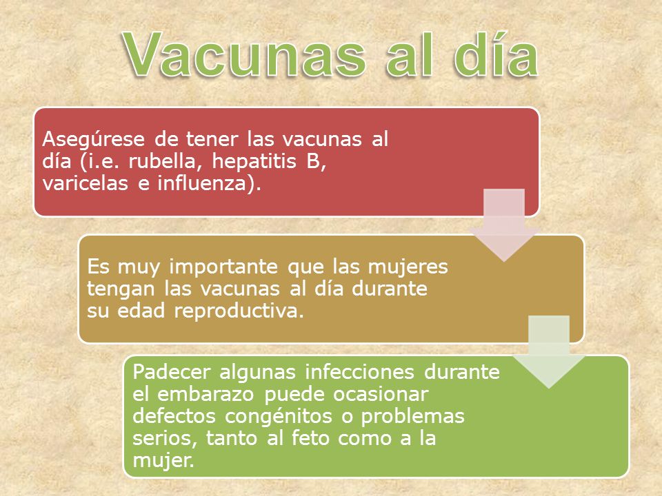 Asegúrese de tener las vacunas al día (i.e. rubella, hepatitis B, varicelas e influenza).