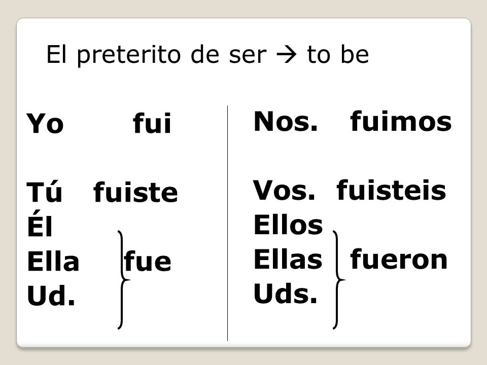 Preterite of IR The I form ends in -i (fui). The he and she form ends in -e (fue).