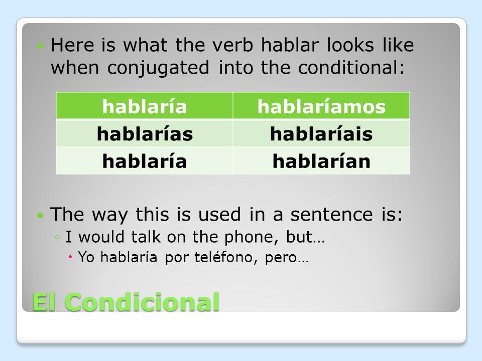 El Condicional Here is what the verb hablar looks like when conjugated into the conditional: The way this is used in a sentence is: I would talk on the phone, but… Yo hablaría por teléfono, pero… hablaríahablaríamos hablaríashablaríais hablaríahablarían