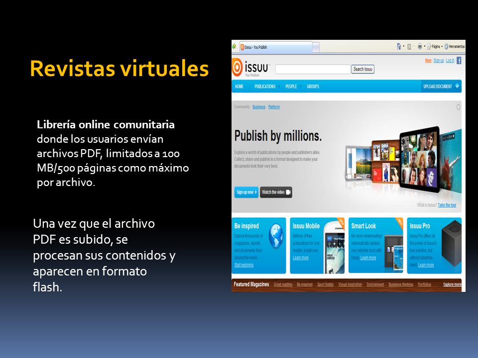 Revistas virtuales Librería online comunitaria donde los usuarios envían archivos PDF, limitados a 100 MB/500 páginas como máximo por archivo.