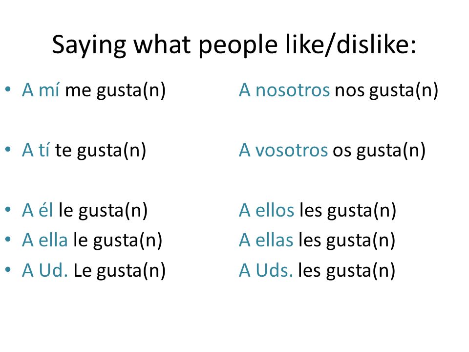 Saying what people like/dislike: A mí me gusta(n)A nosotros nos gusta(n) A tí te gusta(n)A vosotros os gusta(n) A él le gusta(n)A ellos les gusta(n) A ella le gusta(n)A ellas les gusta(n) A Ud.
