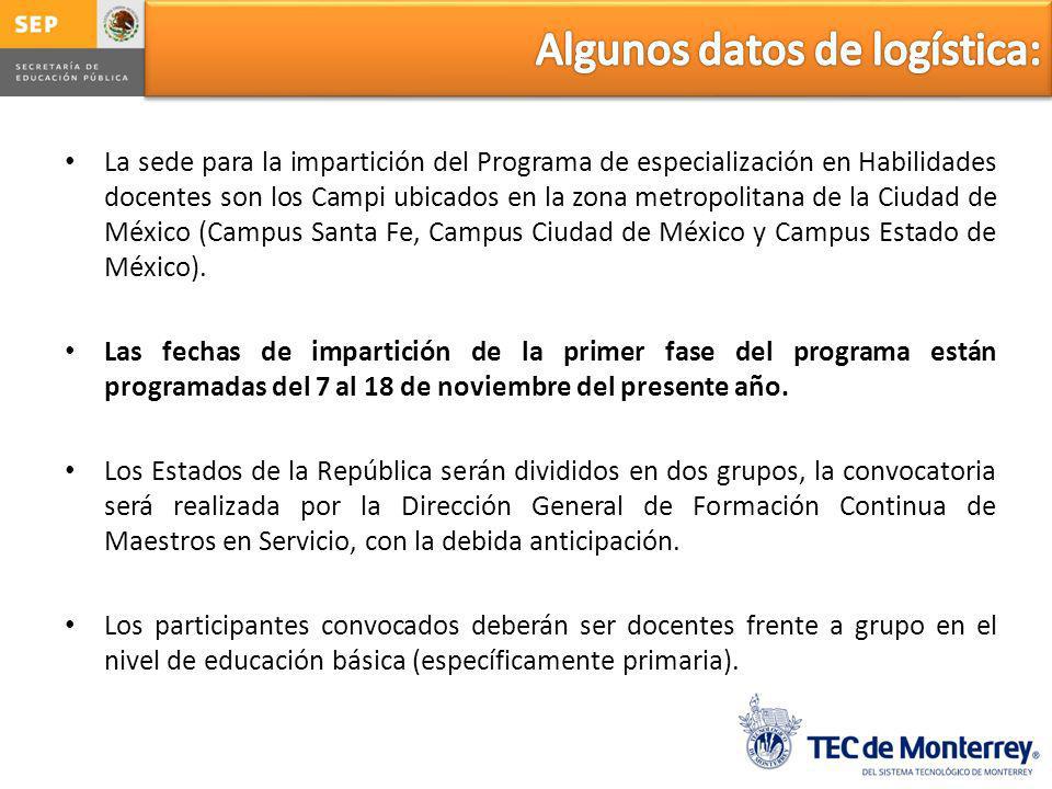 La sede para la impartición del Programa de especialización en Habilidades docentes son los Campi ubicados en la zona metropolitana de la Ciudad de México (Campus Santa Fe, Campus Ciudad de México y Campus Estado de México).