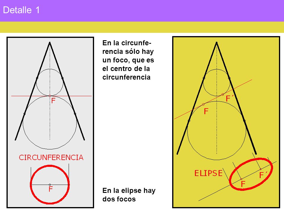 Detalle 1 En la circunfe- rencia sólo hay un foco, que es el centro de la circunferencia En la elipse hay dos focos