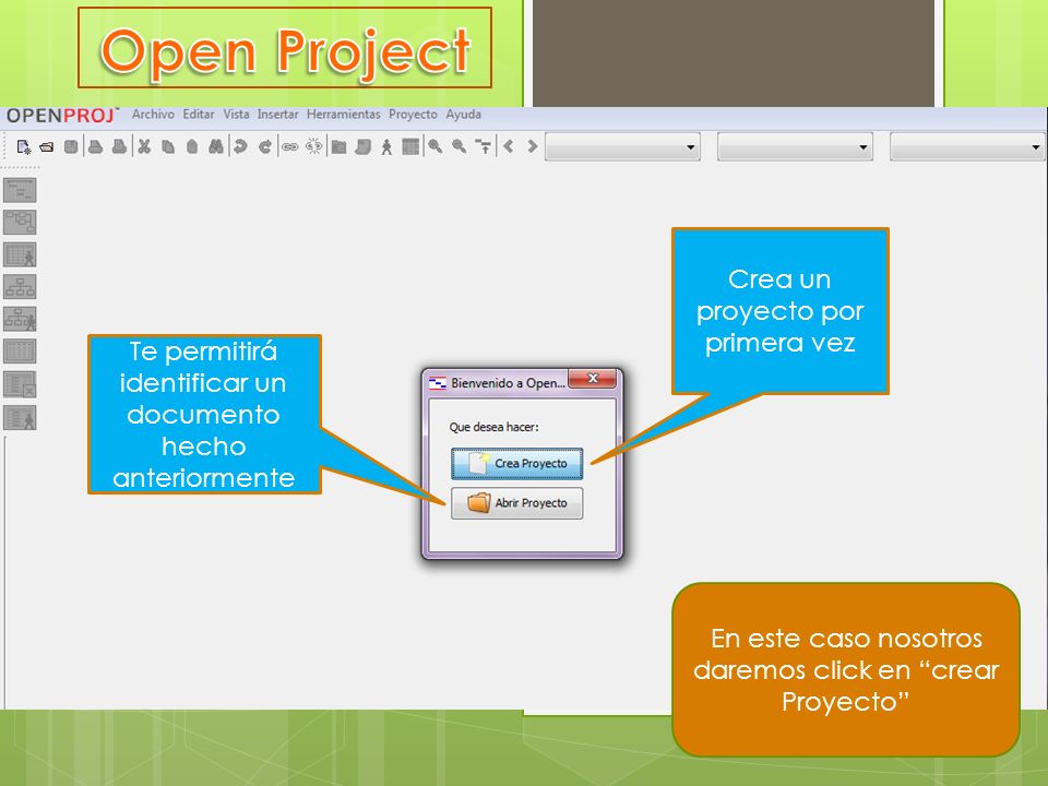 Crea un proyecto por primera vez Te permitirá identificar un documento hecho anteriormente En este caso nosotros daremos click en crear Proyecto