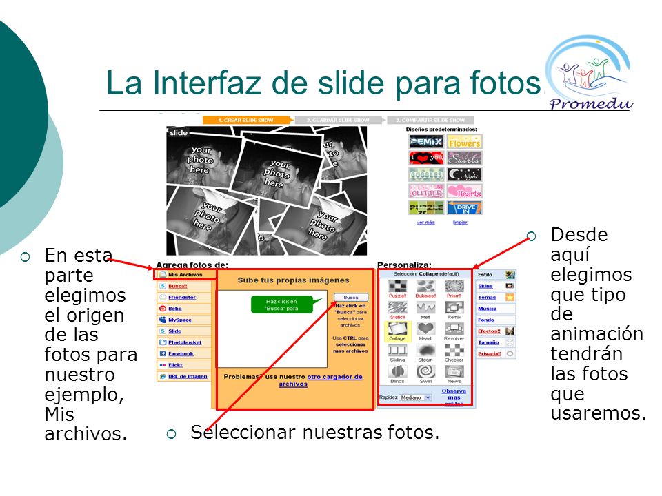 La Interfaz de slide para fotos.