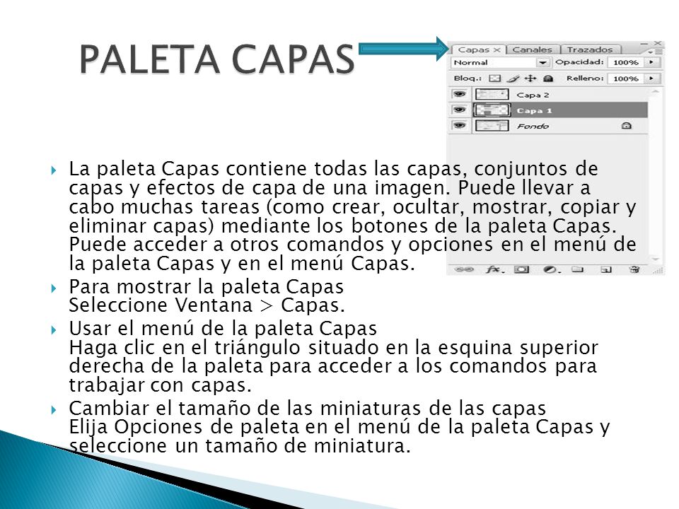 La paleta Capas contiene todas las capas, conjuntos de capas y efectos de capa de una imagen.