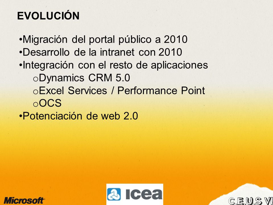 Migración del portal público a 2010 Desarrollo de la intranet con 2010 Integración con el resto de aplicaciones o Dynamics CRM 5.0 o Excel Services / Performance Point o OCS Potenciación de web 2.0 EVOLUCIÓN