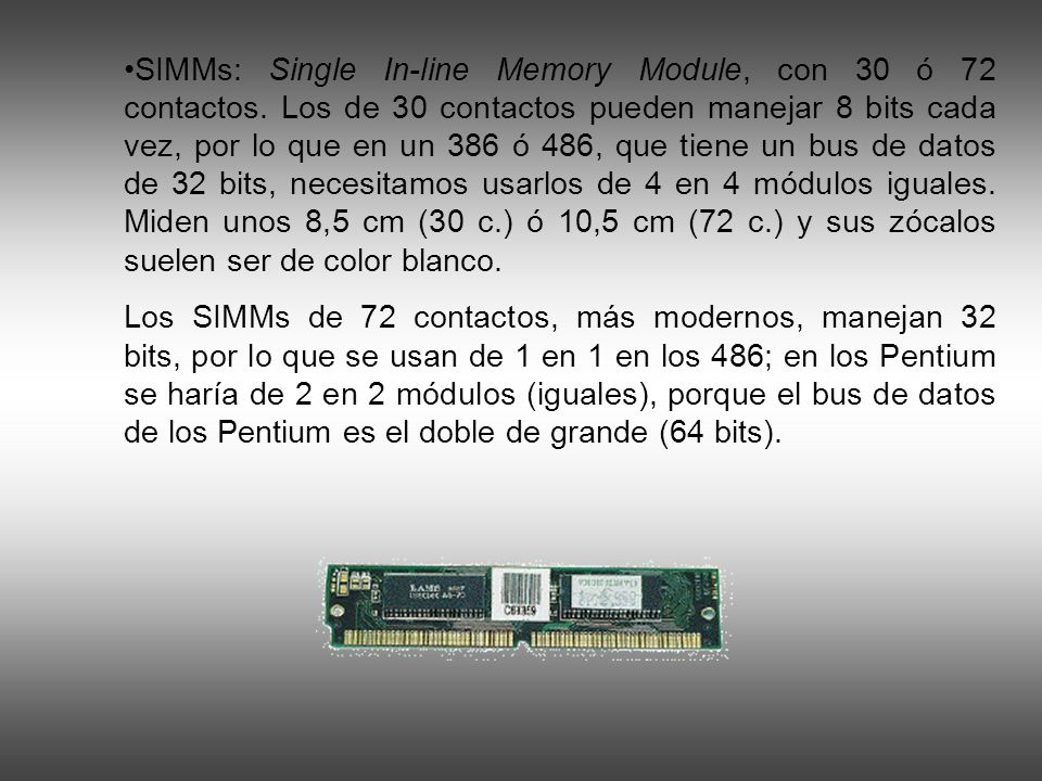 SIMMs: Single In-line Memory Module, con 30 ó 72 contactos.
