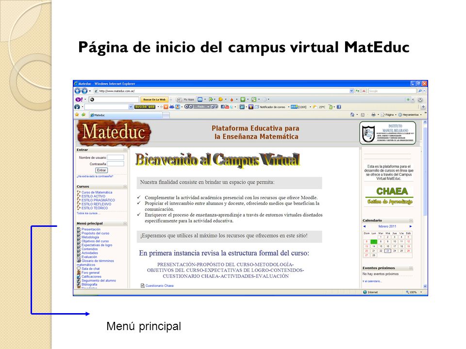 Página de inicio del campus virtual MatEduc Menú principal