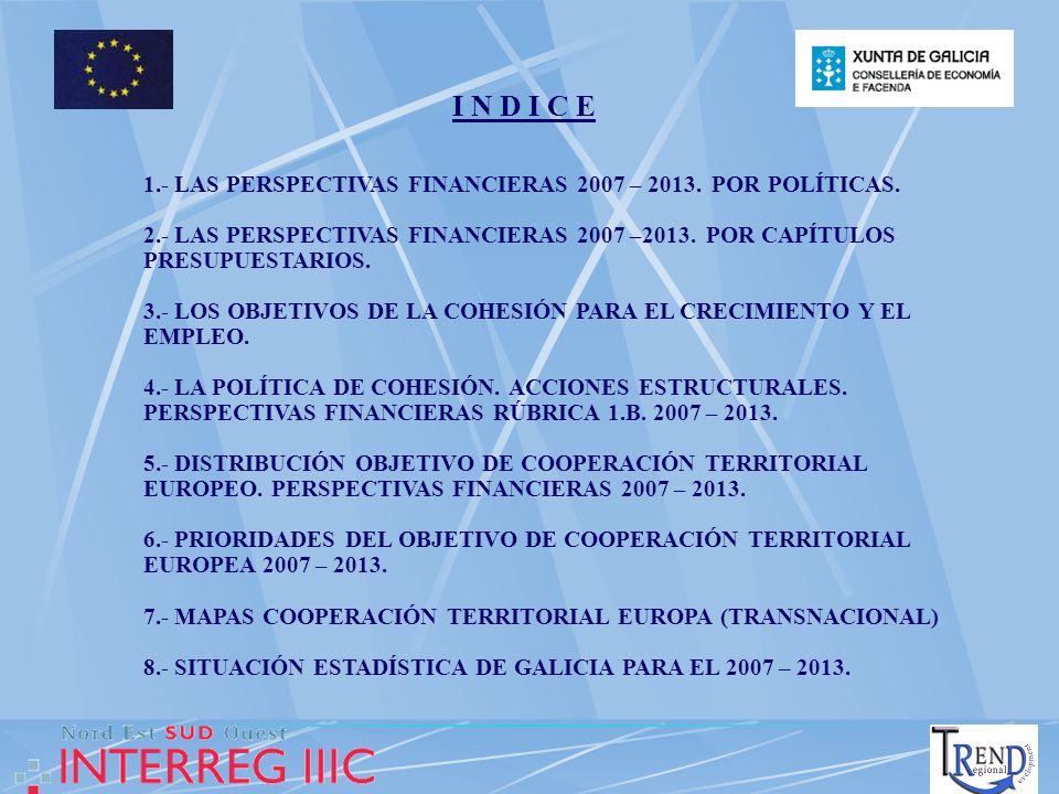 I N D I C E 1.- LAS PERSPECTIVAS FINANCIERAS 2007 – 2013.