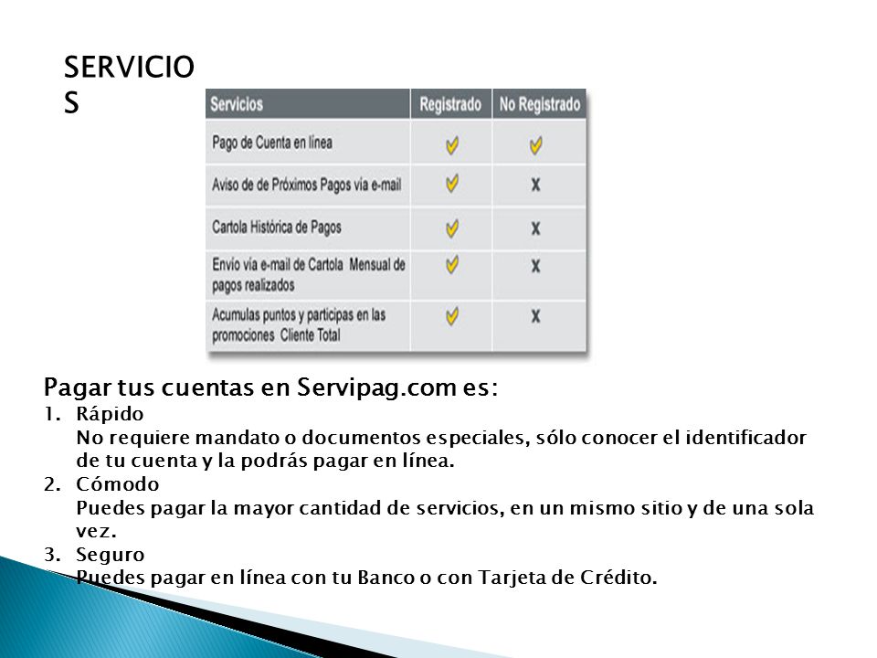SERVICIO S Pagar tus cuentas en Servipag.com es: 1.Rápido No requiere mandato o documentos especiales, sólo conocer el identificador de tu cuenta y la podrás pagar en línea.