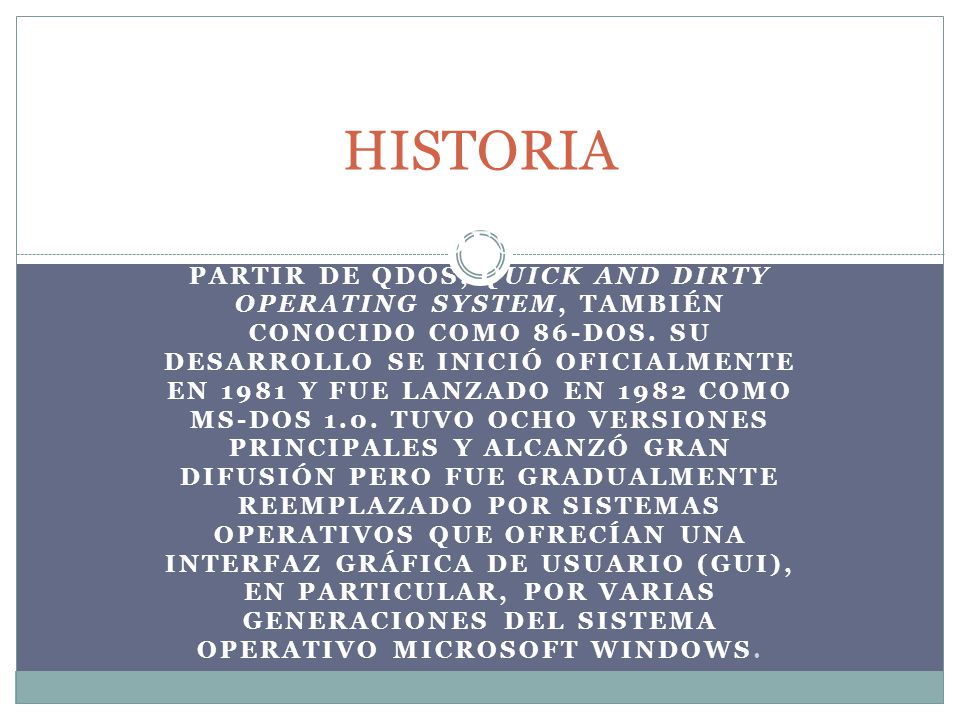 MS-DOS SE DESARROLLÓ A PARTIR DE QDOS, QUICK AND DIRTY OPERATING SYSTEM, TAMBIÉN CONOCIDO COMO 86-DOS.