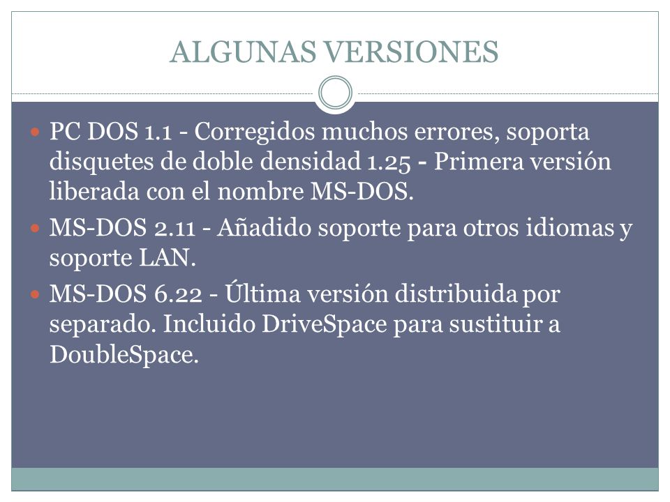 ALGUNAS VERSIONES PC DOS Corregidos muchos errores, soporta disquetes de doble densidad Primera versión liberada con el nombre MS-DOS.