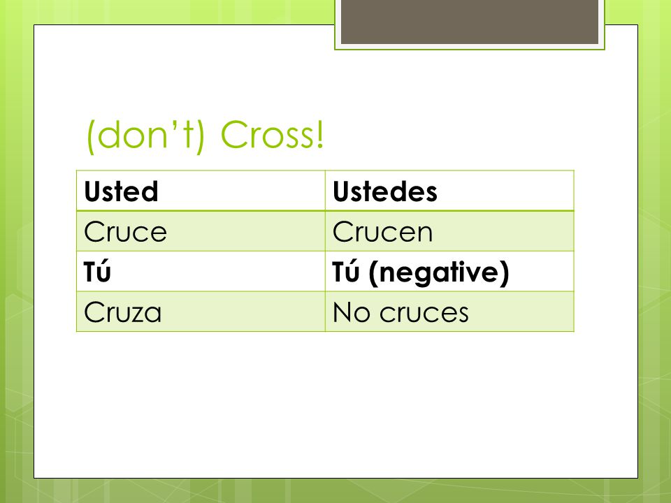 (dont) Cross! UstedUstedes CruceCrucen TúTú (negative) CruzaNo cruces