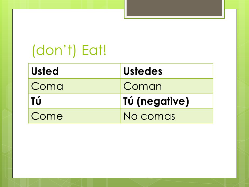 (dont) Eat! UstedUstedes ComaComan TúTú (negative) ComeNo comas