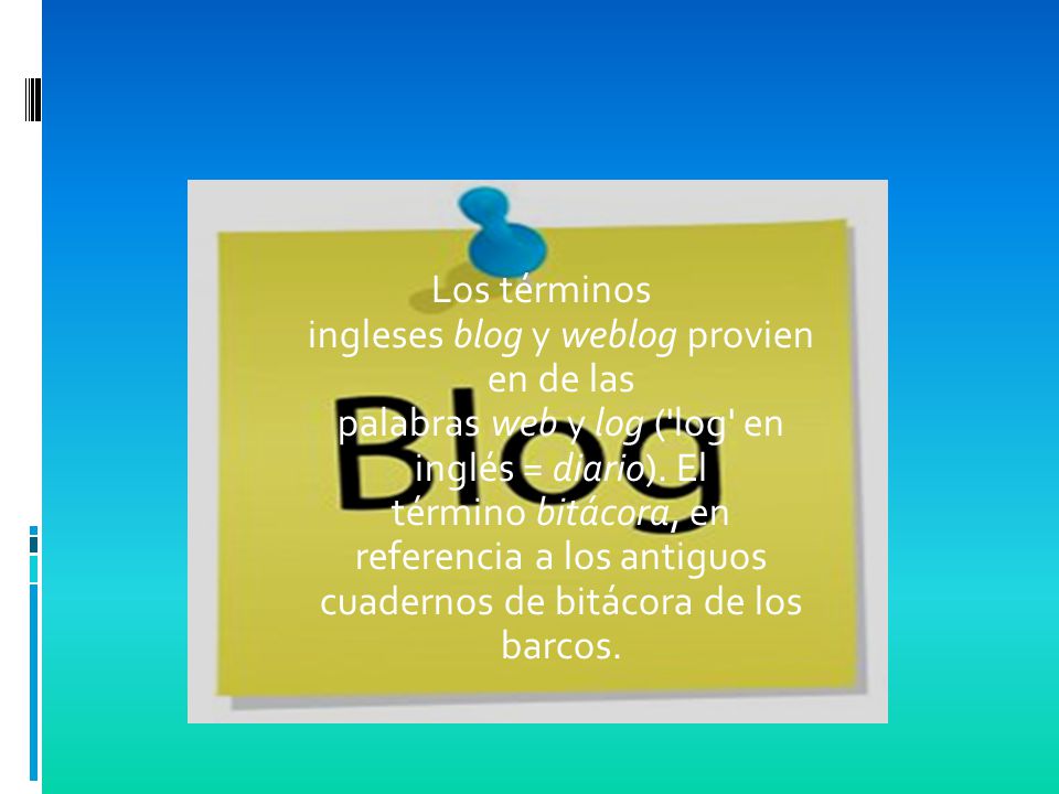 Los términos ingleses blog y weblog provien en de las palabras web y log ( log en inglés = diario).
