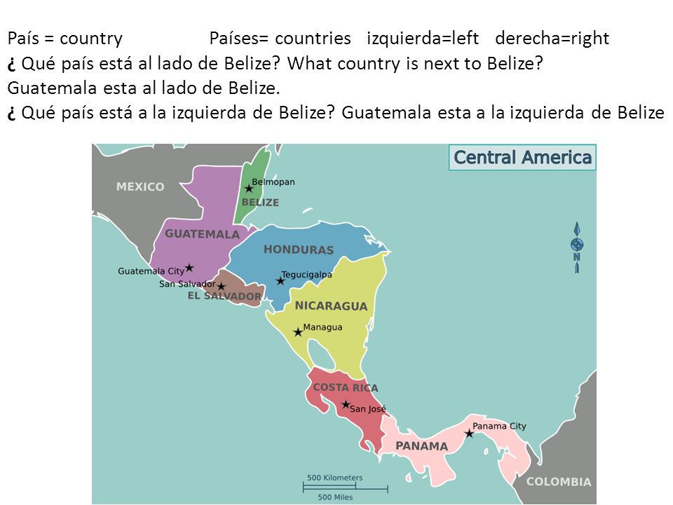 País = country Países= countries izquierda=left derecha=right ¿ Qué país está al lado de Belize.