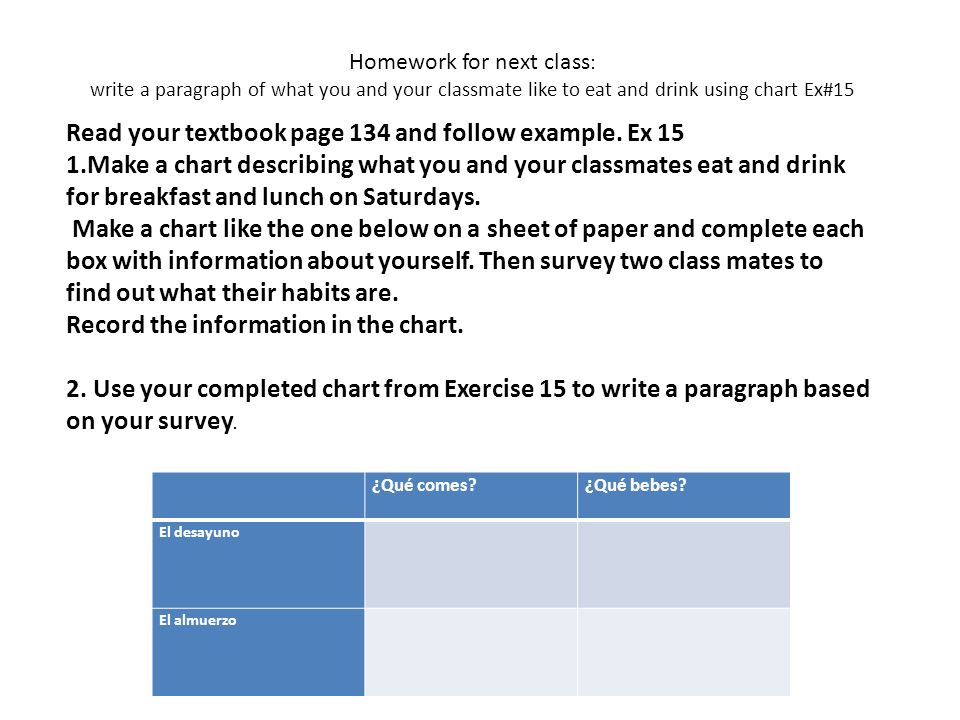 Homework for next class : write a paragraph of what you and your classmate like to eat and drink using chart Ex#15 ¿Qué comes.