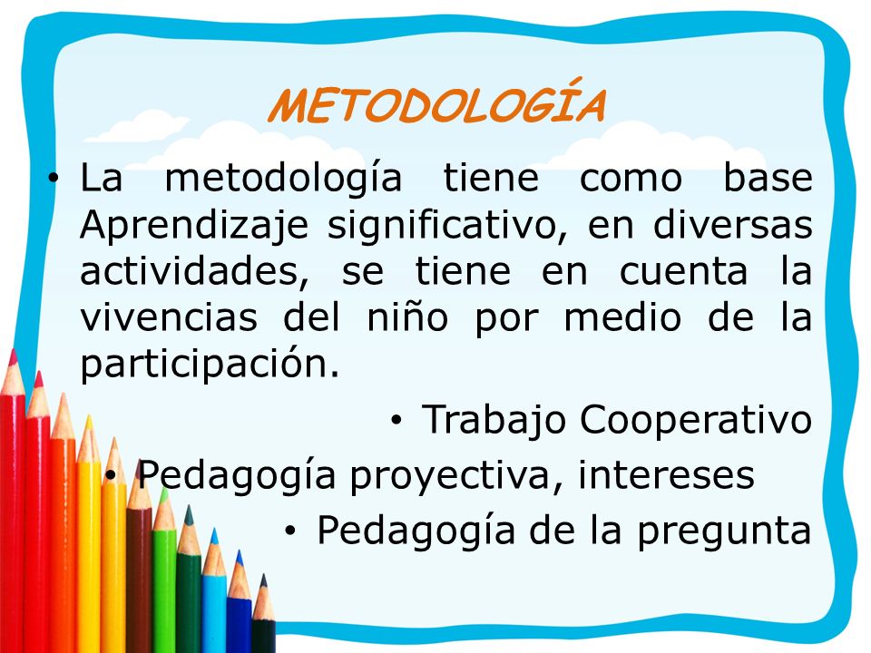 METODOLOGÍA La metodología tiene como base Aprendizaje significativo, en diversas actividades, se tiene en cuenta la vivencias del niño por medio de la participación.