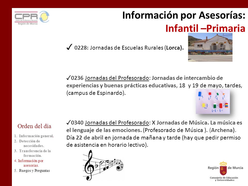 Información por Asesorías: Infantil –Primaria ✓ 0228: Jornadas de Escuelas Rurales (Lorca).