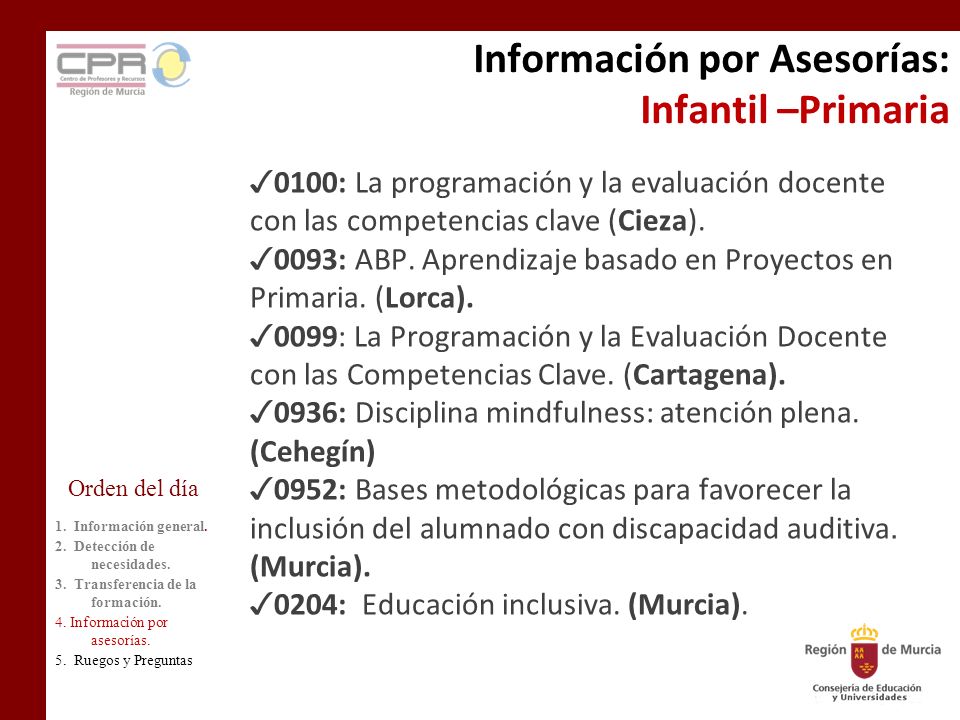 Información por Asesorías: Infantil –Primaria ✓ 0100: La programación y la evaluación docente con las competencias clave (Cieza).