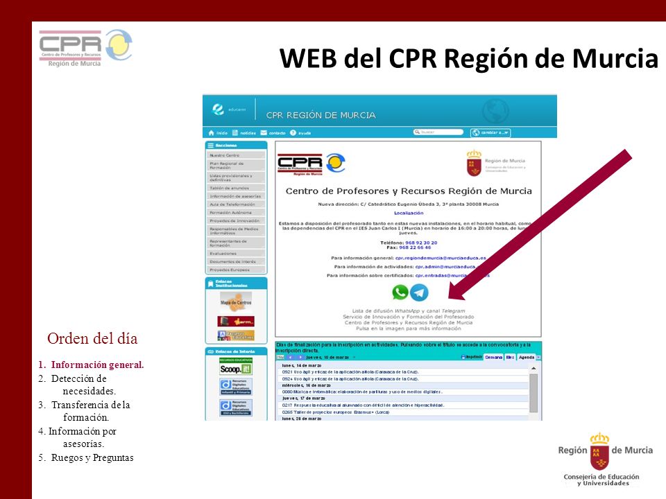 WEB del CPR Región de Murcia Orden del día 1. Información general.