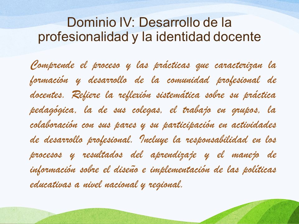 Dominio IV: Desarrollo de la profesionalidad y la identidad docente Comprende el proceso y las prácticas que caracterizan la formación y desarrollo de la comunidad profesional de docentes.