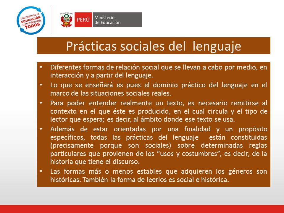 Prácticas sociales del lenguaje Diferentes formas de relación social que se llevan a cabo por medio, en interacción y a partir del lenguaje.